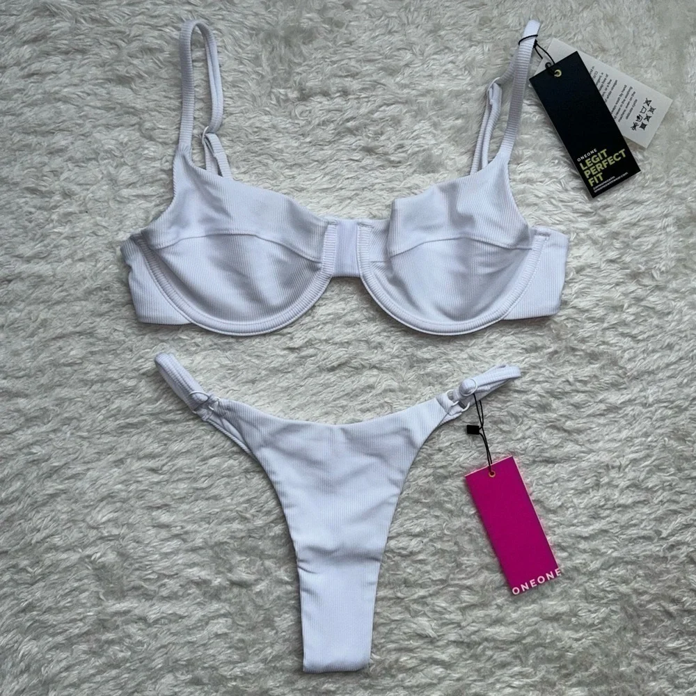 NWT OneOne Swimwear White Bikini SET Ribbed Lupita Alli NEW Ivory Bra Top Bottom - Picture 5 of 8